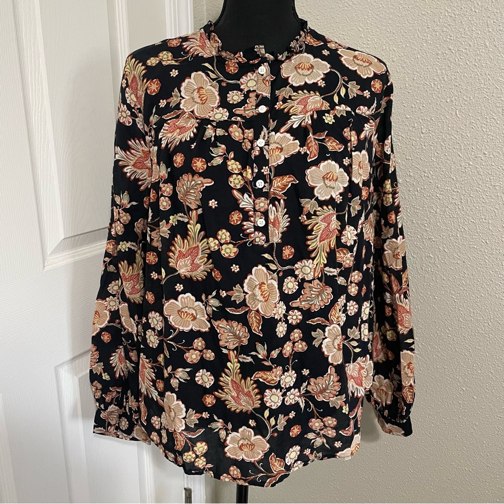 Fall Floral Black Long Sleeve Blouse with Funky Botanical Paisley Pattern 0X